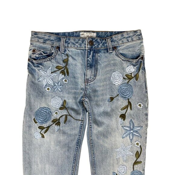 FREE PEOPLE Sz 25 Jeans Floral Embroidered Denim Low Rise Blue Boho Retro Y2K - Picture 9 of 15